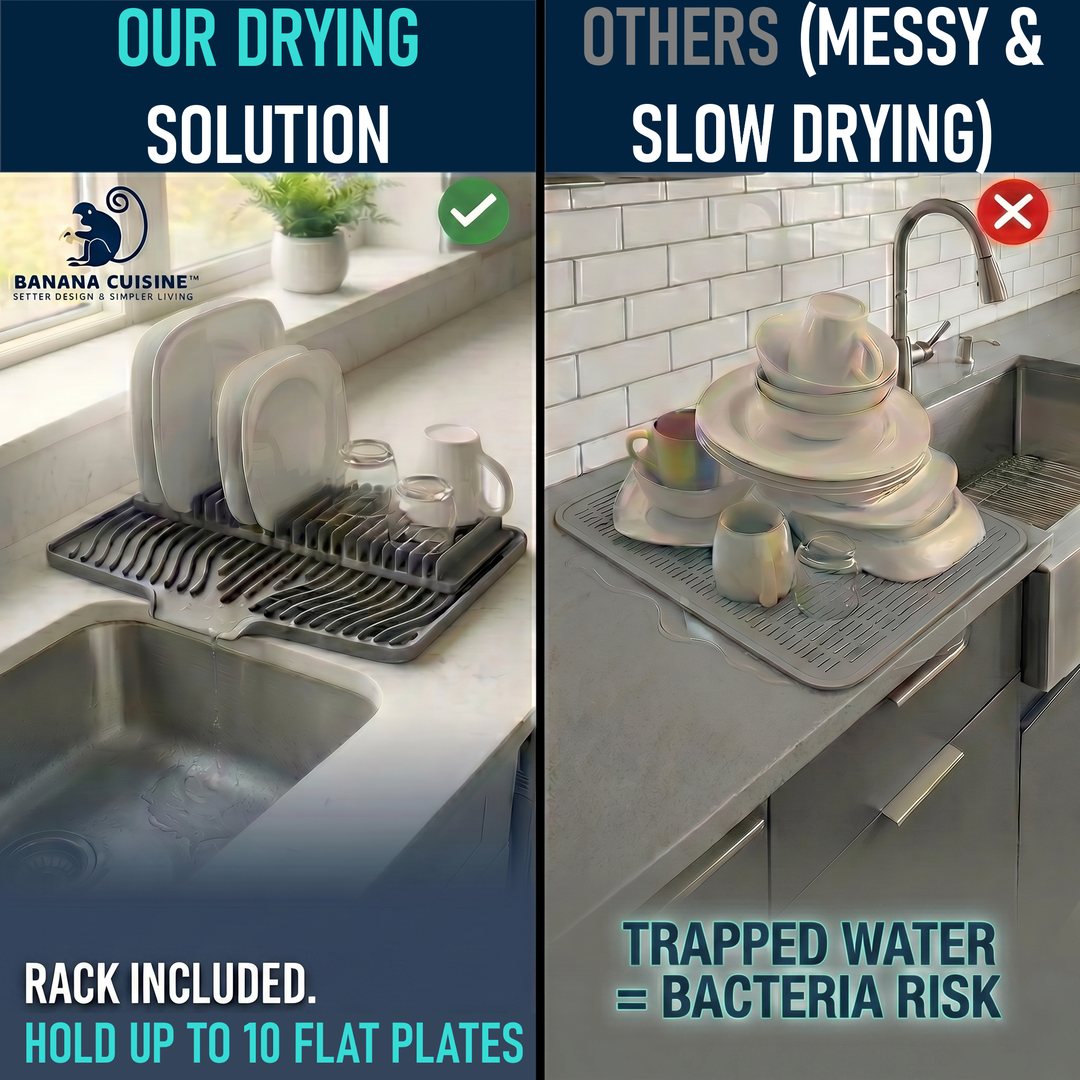 Banana Cuisine drying set versus a flat mat with trapped water