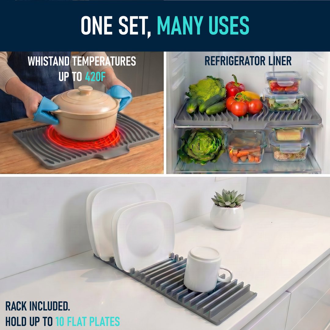 One set, many uses: trivet, fridge liner and plate rack